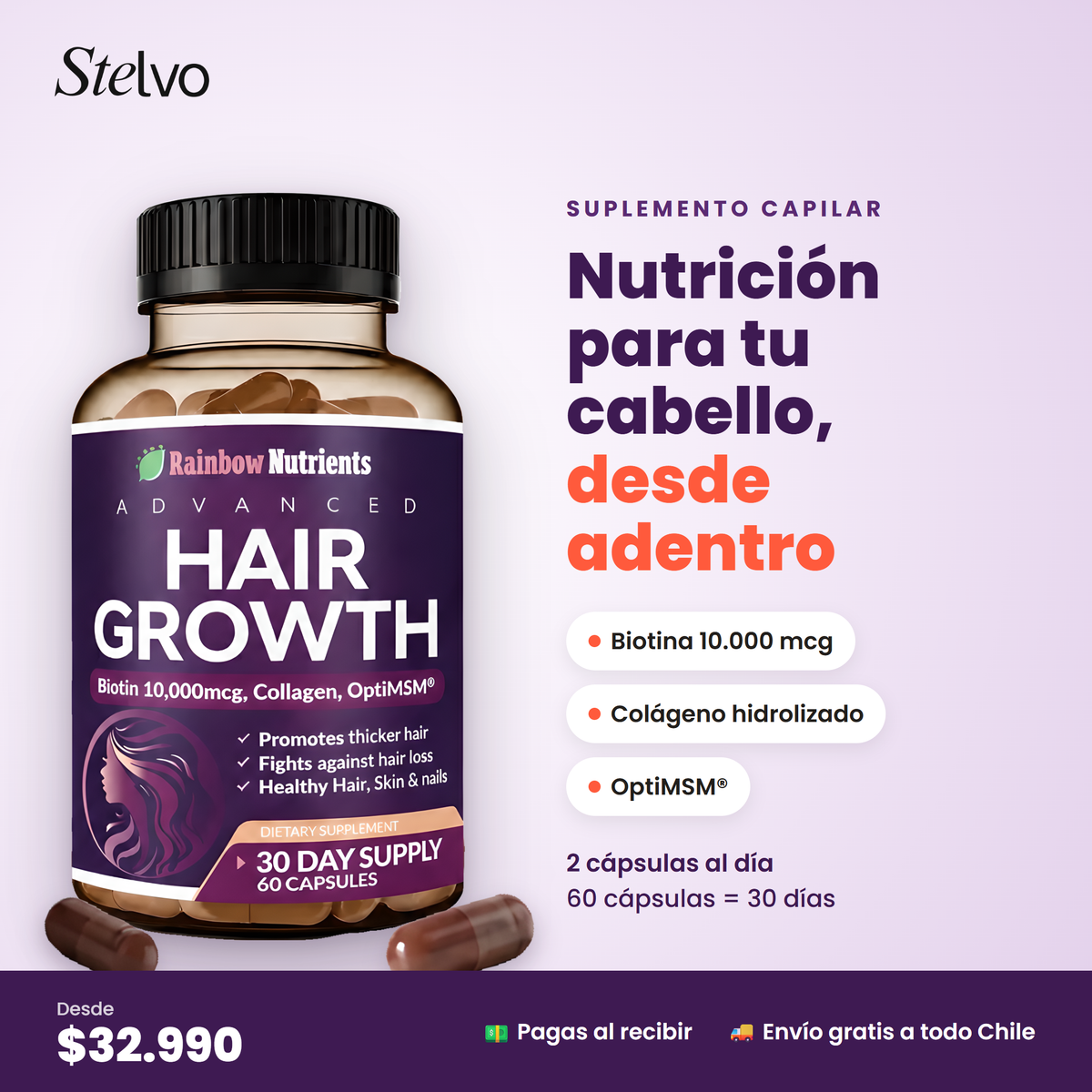 Hair Growth suplemento capilar con Biotina, Colágeno y OptiMSM - Stelvo