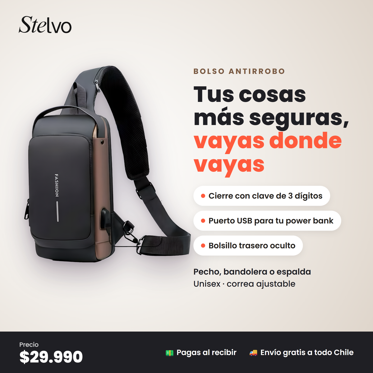 Mochila antirrobo con clave de 3 dígitos y puerto USB - Stelvo
