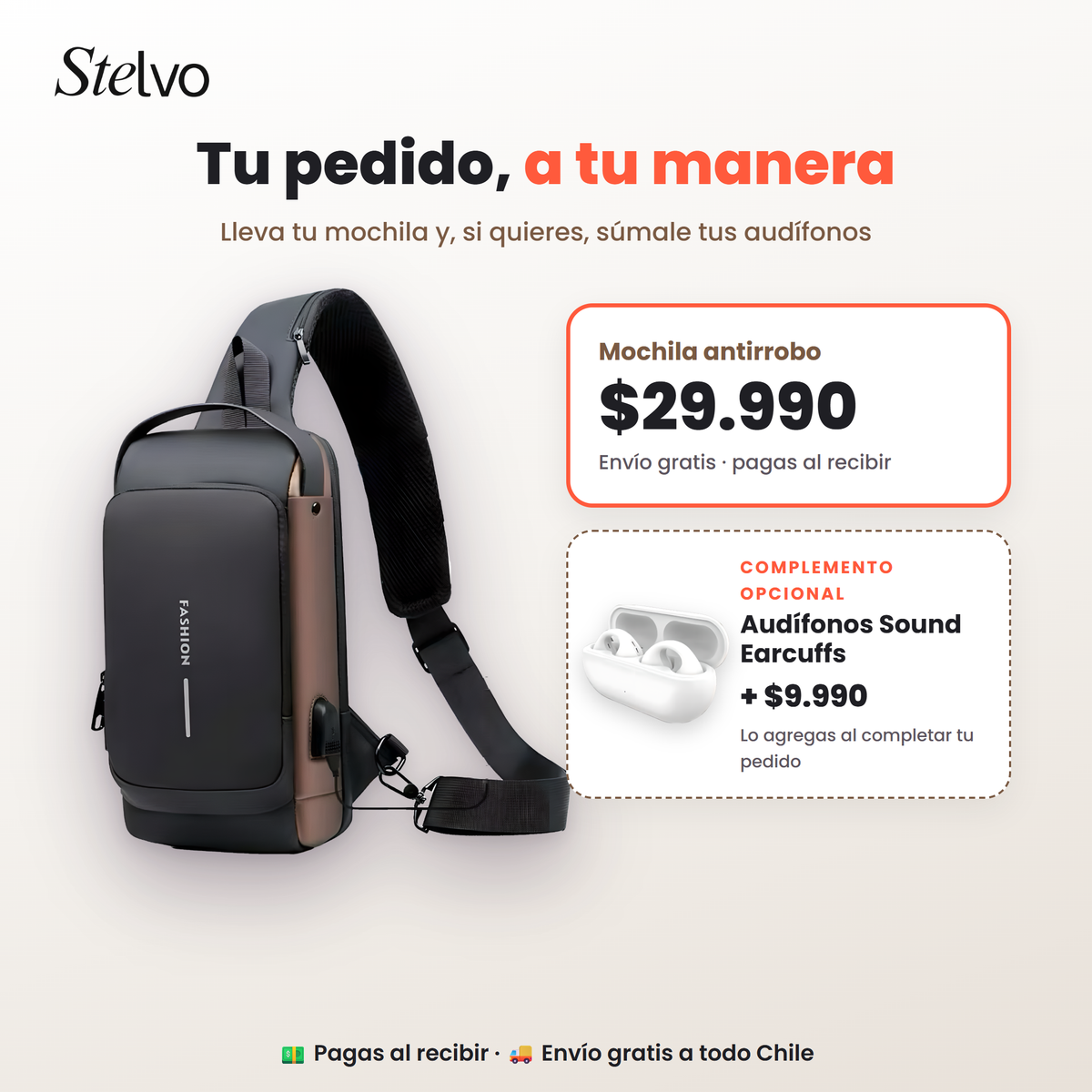 Mochila antirrobo $29.990 y audífonos opcionales